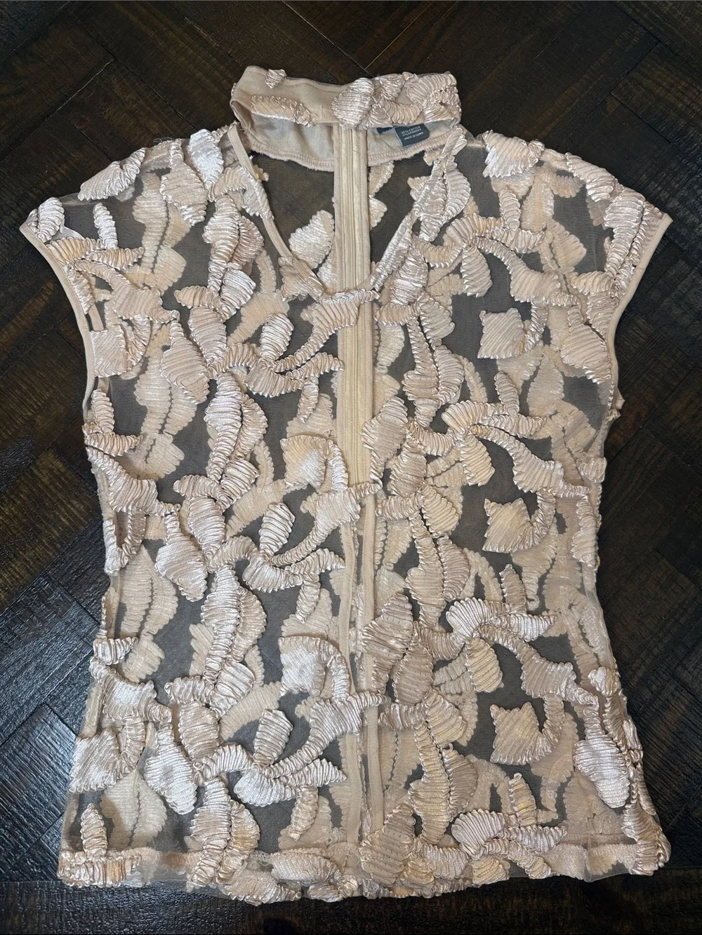Gracia Sheer Mesh Appliqué Mock‎ Neck Top L Champagne Pink Romantic